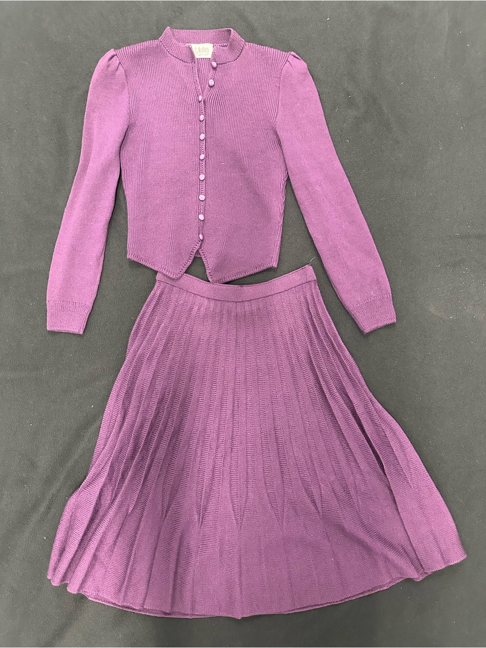 Vintage St John Purple Knit Cardigan & Pleated Skirt Set - Women